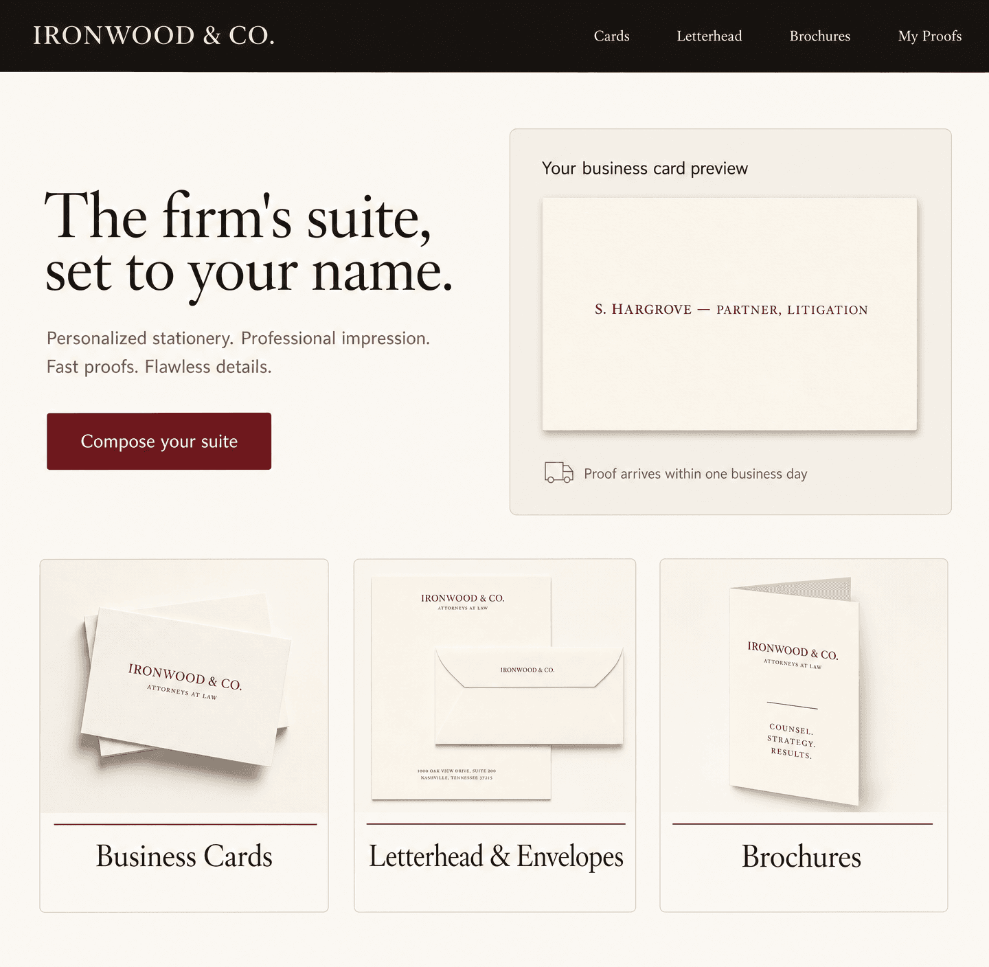 Ironwood & Co. storefront — firm stationery portal