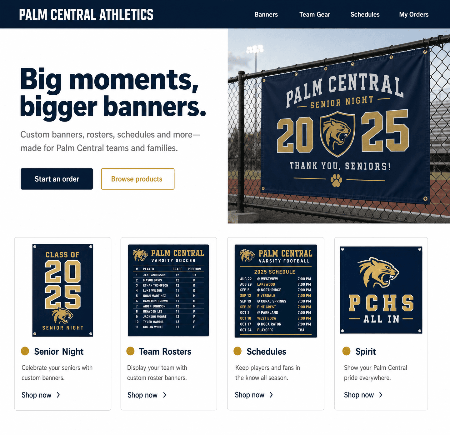 Palm Central Athletics storefront — team banner portal
